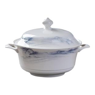 景德镇高温骨瓷釉下彩家用餐具汤碗带盖汤盆创意高级感带耳汤锅