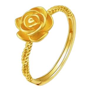 黄金玫瑰花戒指女 2024新款金色小花朵开口精致指环礼物999送女友