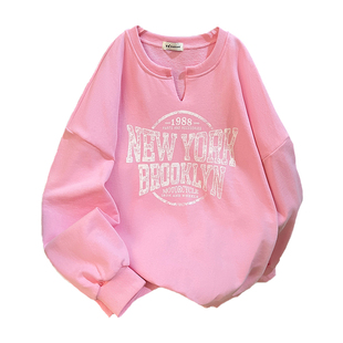 紫色韩版女款百搭潮常规款宽松卫衣字母印花磨边圆领小众设计感