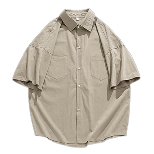 男士卡其色休闲短袖衬衫男夏季男款工装外套日系衬衣半袖2026新款
