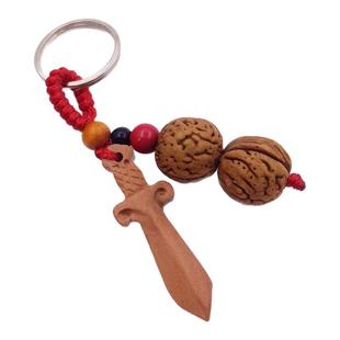 桃木剑钥匙扣肥城东南桃木护身符泰山野生老桃核挂件本命年红绳