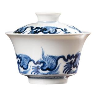 苏料仿元青花海浪纹盖碗纯手工手绘主人杯中式高端茶具景德镇陶瓷