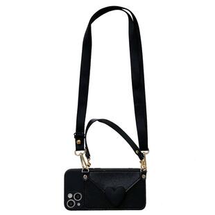 黑色爱心零钱包适用苹果iPhone16pro手机壳苹果17promax斜挎13背带12全包14防摔套15promax简约7/8耐脏11软壳