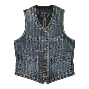 西里布西部牛仔条纹美式复古工装马甲水洗拔染做旧咔叽新品非rrl