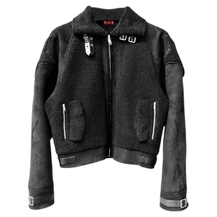 DETW 25AW*麂皮拼接羊羔绒金属绑带修身暗黑设计感视觉系加厚外套