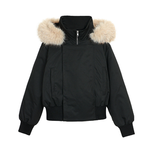 NEVA HU 暮色黑简 毛领连帽短款羽绒服女设计感派克收腰羽绒外套