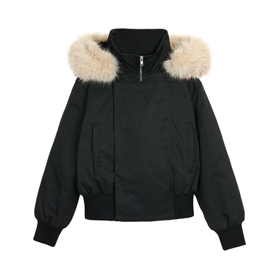 NEVA HU 暮色黑简 毛领连帽短款羽绒服女设计感派克收腰羽绒外套