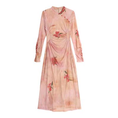 西町村屋新中式印花抽褶长袖连衣裙女秋季新款复古裙子AC8502017