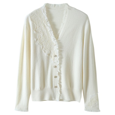 水溶蕾丝拼接流苏边羊绒针织开衫