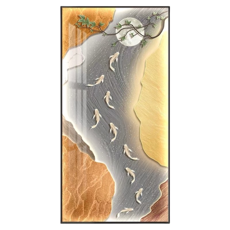 九鱼聚财led带灯轻奢入户玄关装饰画简约现代挂画走廊过道壁画
