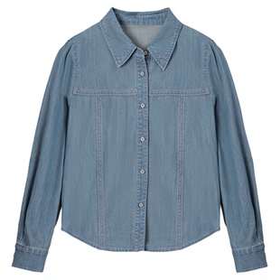 大洪洪【费城故事】春季新款蕾丝织带牛仔衬衫女通勤百搭衬衣上衣