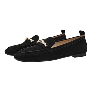 Nine West/玖熙绒面珍珠扣乐福鞋女黑色平底法式复古百搭浅口单鞋