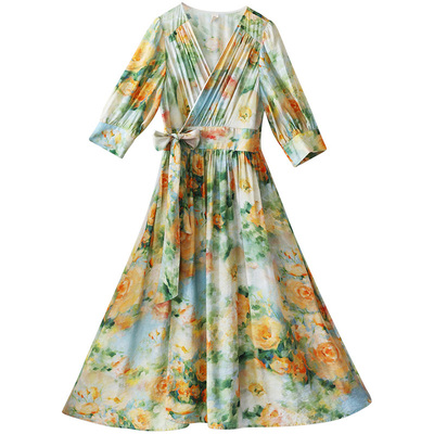 印花开衫式连衣裙女夏季系带长裙