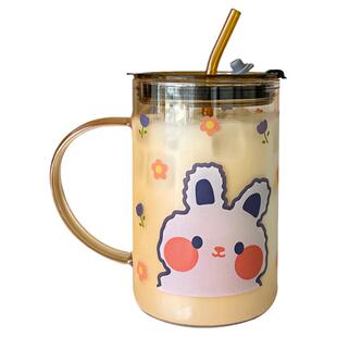 水杯玻璃杯带盖吸管大容量带把高硼硅耐热茶杯办公室琥珀色杯子女