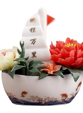 东方泥土《一帆风顺》船摆件