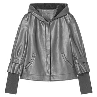 Goodland美地秋季飒爽羊皮短款皮衣连帽小外套