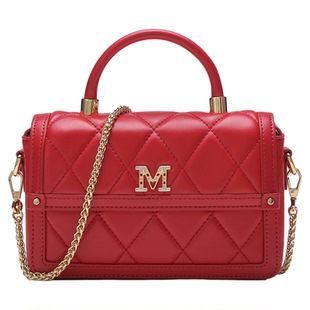 梦特娇女包羊皮手提包结婚大红色菱格百搭新娘包链条斜挎包小方包