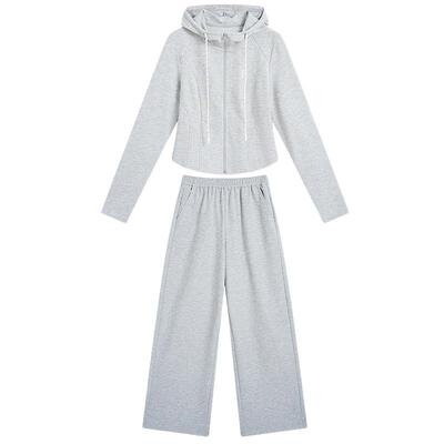 紫涵韩系运动休闲针织卫衣裤套装女春秋新款连帽外套阔腿裤两件套