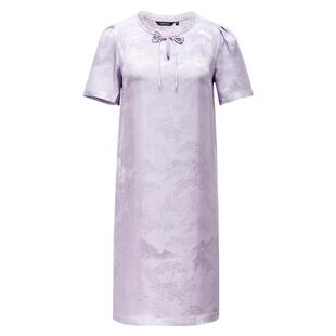 颜域天丝新中式连衣裙2026新款女夏装紫色优雅中长款宽松短袖裙子