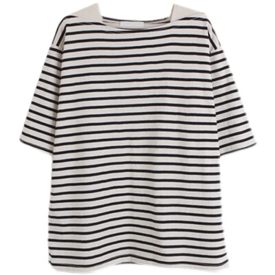 韩国女装新款宽松纯棉条纹短袖