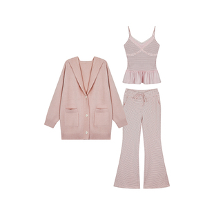 安妮不火貂毛毛织外套吊带加绒长裤三件套女微胖大码可爱条纹套装