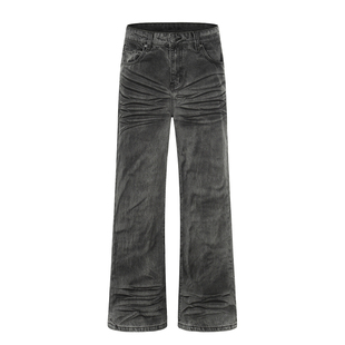 HY711 喷墨脏染立体猫须做旧A字直筒微喇牛仔裤男女重磅高街裤子