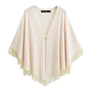 拉夏贝尔/La Chapelle纯色蕾丝流苏盘扣披肩外搭旗袍新中式上衣女