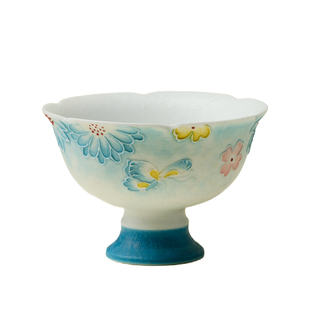 梵汝中国风蓝蝶栖春高足茶杯雾凇蓝粉彩手绘陶瓷主人杯品茗杯单杯