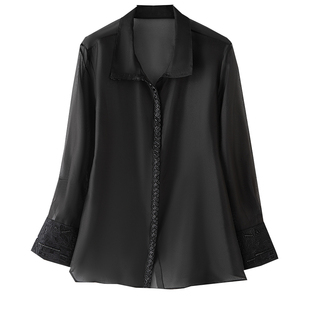 新中式国风欧根纱真丝衬衫女2026春夏装薄款微透视刺绣桑蚕丝上衣