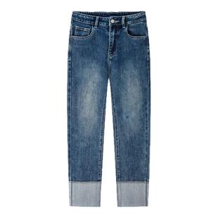 DTLANDO秋季女装复古直筒九分裤翻边修身显瘦百搭牛仔裤子