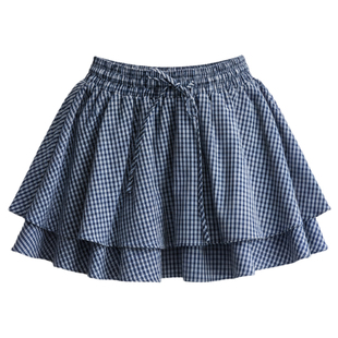 fragileheart易碎商店·蓝语诗帧蓝白格纹荷叶边双层蛋糕裙蓬蓬裙