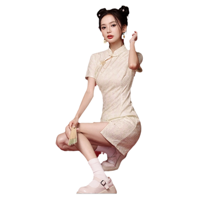 米白色旗袍短款夏季小清新日常