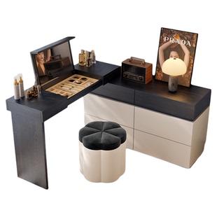 新款翻盖梳妆台中古风斗柜一体卧室现代简约化妆桌隐藏镜子化妆台