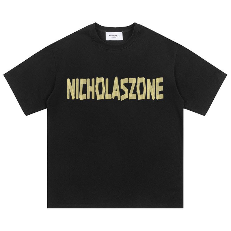 NICZONES国潮牌胶带贴字情侣装美式复古宽松短袖t恤男女夏季上衣