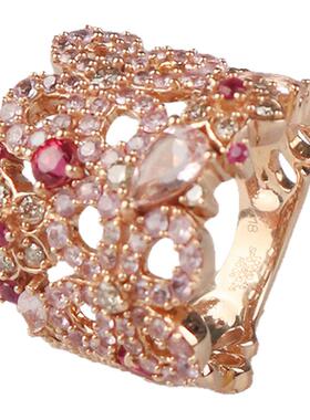 「9.5新」日本进口商品花型红宝石粉色蓝宝钻石戒指K18玫瑰金48号