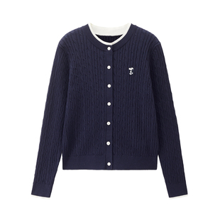 [史努比联名]佐丹奴miu系针织衫女撞色刺绣圆领绞花毛衣18355707