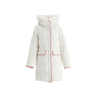 OBEG欧碧倩小香风长款羽绒服女抽绳收腰冬季连帽毛领外套10484168