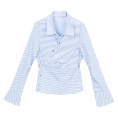 KEIKO气质通勤蓝色条纹长袖衬衫