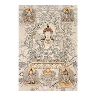 藏传佛画菩萨人物四臂观音五部文殊唐卡线稿白描高清临摹学习素材