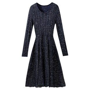 【闪耀赴会】高光时刻 定制珠片纱圆领长袖收腰亮片针织连衣裙