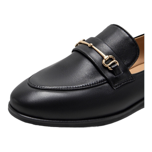 natursun耐冉秋季真皮单鞋扣饰内外软底小羊皮耐曲折黑色乐福鞋女