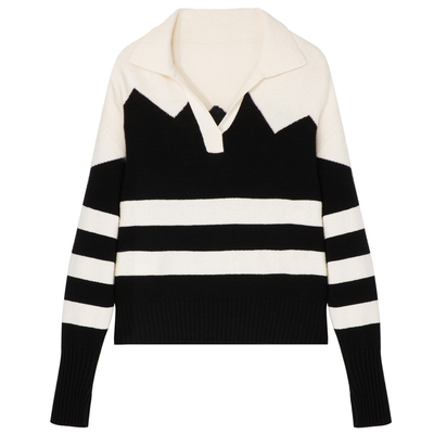 H·GENTEEL荷高春新品风格款POLO领口黑白条纹毛衫