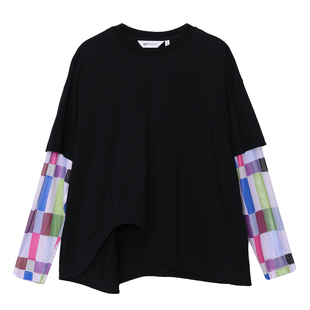 MOVEUP幻走2025夏季新款纯棉宽松彩色拼接袖假两件短款t恤女薄款