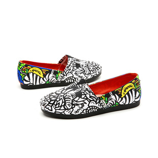 jm快乐玛丽女鞋春夏款涂鸦休闲帆布鞋一脚蹬大码女鞋懒人鞋61826W