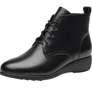 【头层牛皮】黑色短靴女真皮内增高坡跟女鞋新款冬季妈妈靴子