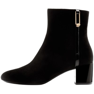 露娜简约绒面圆头粗跟短筒时装靴