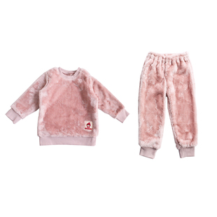 外贸秋冬新款儿童珊瑚绒家居服加厚宝宝睡衣保暖内衣加绒纯色套装