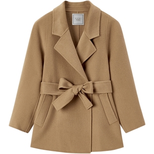 爱居兔全羊毛大衣女冬季腰带收腰大翻领短款双面呢外套