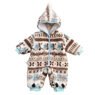 婴幼儿冬新款费尔岛连帽连身衣男女宝加绒加厚保暖外出爬服Z1298
