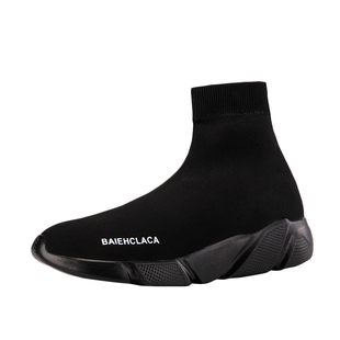 秋冬天男装加绒运动鞋45没鞋带保暖棉鞋46大码47全黑色高腰袜子鞋